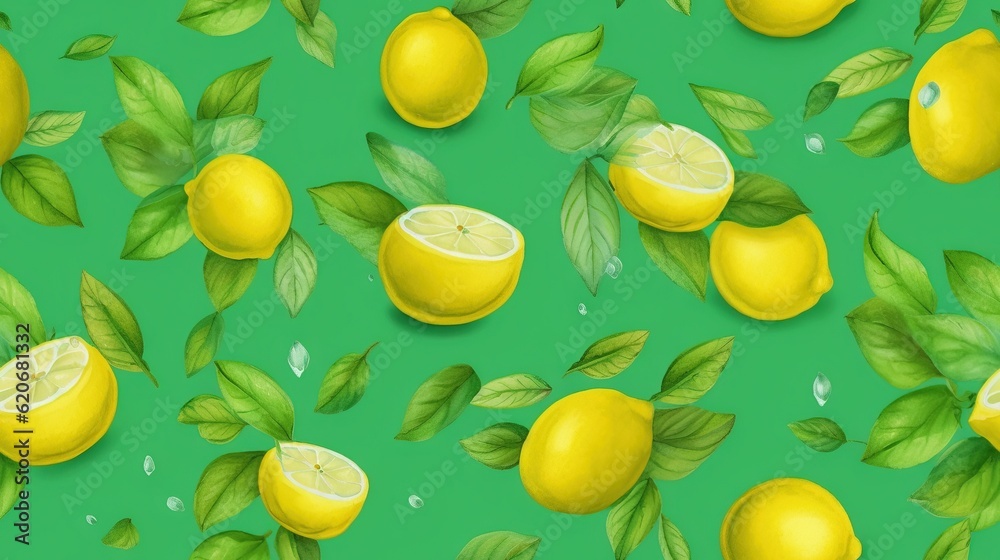  a pattern of lemons and leaves on a green background with water drops and drops of water on the leaves of the lemons and the lemons.  generative ai