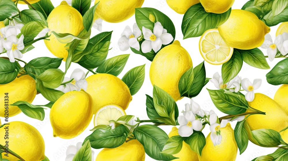  a bunch of lemons with leaves and flowers on a white background with white flowers and green leaves on a white background with white flowers and green leaves.  generative ai