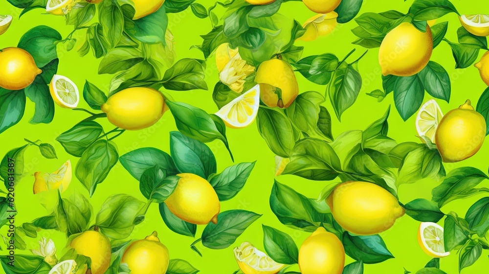  a lot of lemons and leaves on a green background with a lot of lemons and leaves on a green background with a lot of lemons.  generative ai