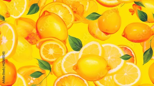  a painting of lemons and oranges with leaves on a yellow background with green leaves on the top of the slices of the lemons. generative ai