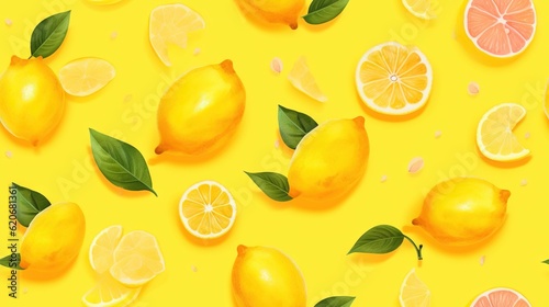  a yellow background with lemons, limes, and limes on it, all with green leaves, on a yellow background with a yellow background. generative ai
