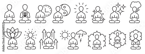 Yoga meditation practice icon set collection in black and white. Ancient exercise for spiritual calmness and peace for mind, body in sitting position. Men or human with flower behind brain web app ui.