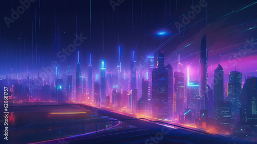 Neon modern adn futurisctic city, purple light background