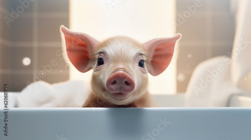 Cute Pink Mini Pig, Piglet Taking a Bath With Foam, Looking Out of Bath tab. Taking Care Of Pet. Happy Animal. Ai Generated photo