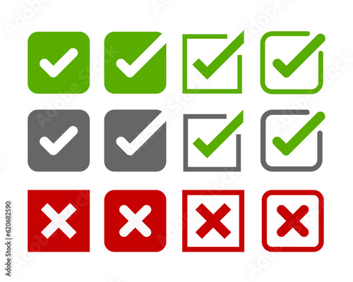 Set of checkmark icons on a white background. Tick and cross vector signs. Yes and no labels in square and circle. Approved and rejected emblems.