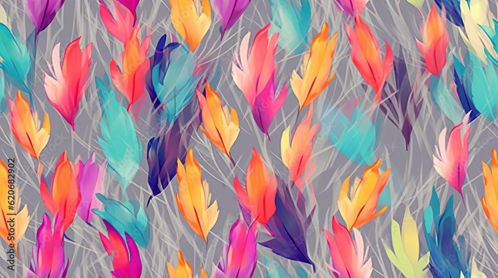  a colorful pattern of feathers on a gray background with a blue sky in the background and a gray sky in the middle of the photo.  generative ai
