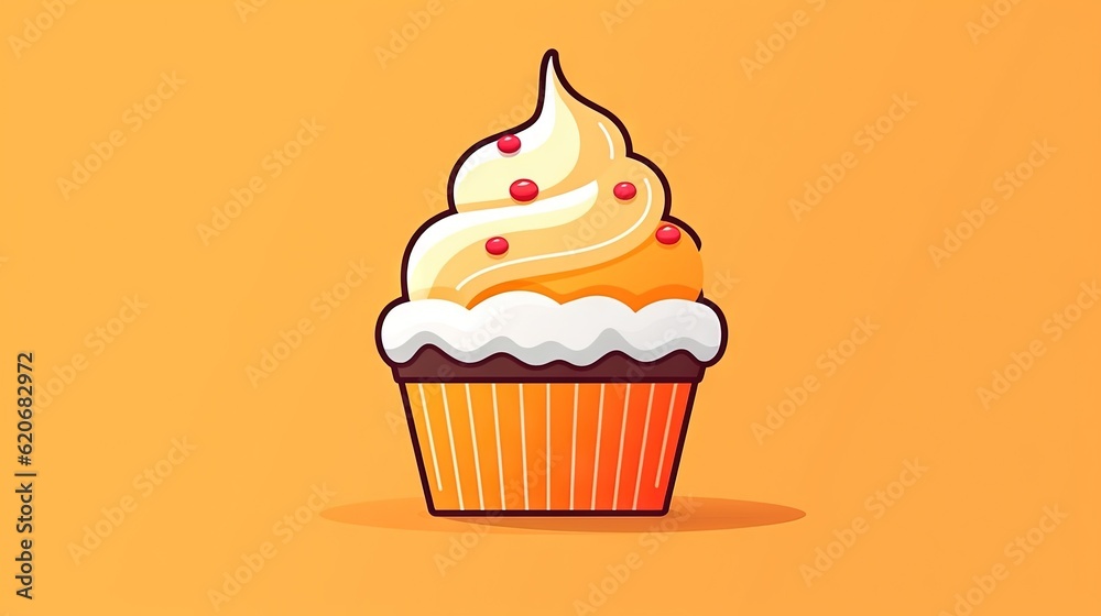 a cupcake with white frosting and sprinkles on top of it on an orange background with a shadow of the cupcake. generative ai a cupcake with white frosting and sprinkles on top of it on an orange background with a shadow of the cupcake. generative ai