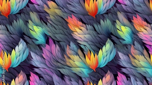  a colorful pattern of leaves on a purple background with a red center in the middle of the image and a green center in the middle of the image.  generative ai