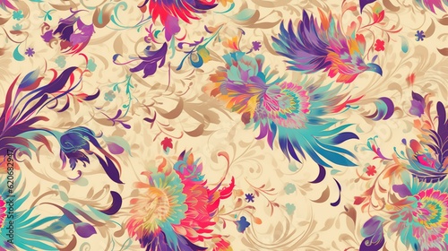  a colorful floral pattern on a beige background with a blue  red  and yellow flower design on the left side of the image  and a green  red  orange  yellow  blue  pink  and white.  generative ai