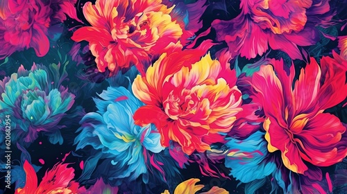  a bunch of flowers that are in the air with paint on them and a black background with red, yellow, blue, and pink flowers. generative ai