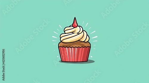  a cupcake with a candle sticking out of it s center on a green background with a blue background and a light blue background.  generative ai