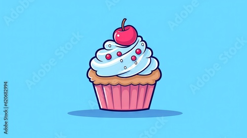  a cupcake with a cherry on top of it on a blue background with a shadow of a cherry on the top of the cupcake. generative ai