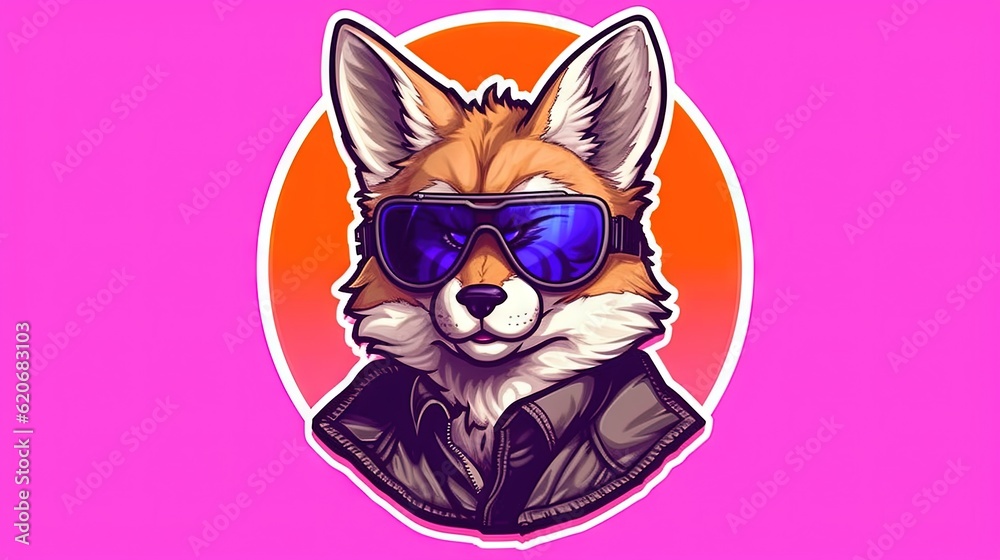  a fox wearing sunglasses and a leather jacket on a pink background with an orange circle around it and a pink circle around the image of the fox.  generative ai