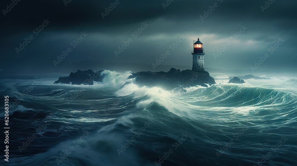 a lighthouse in the middle of a large body of water with waves in front ...