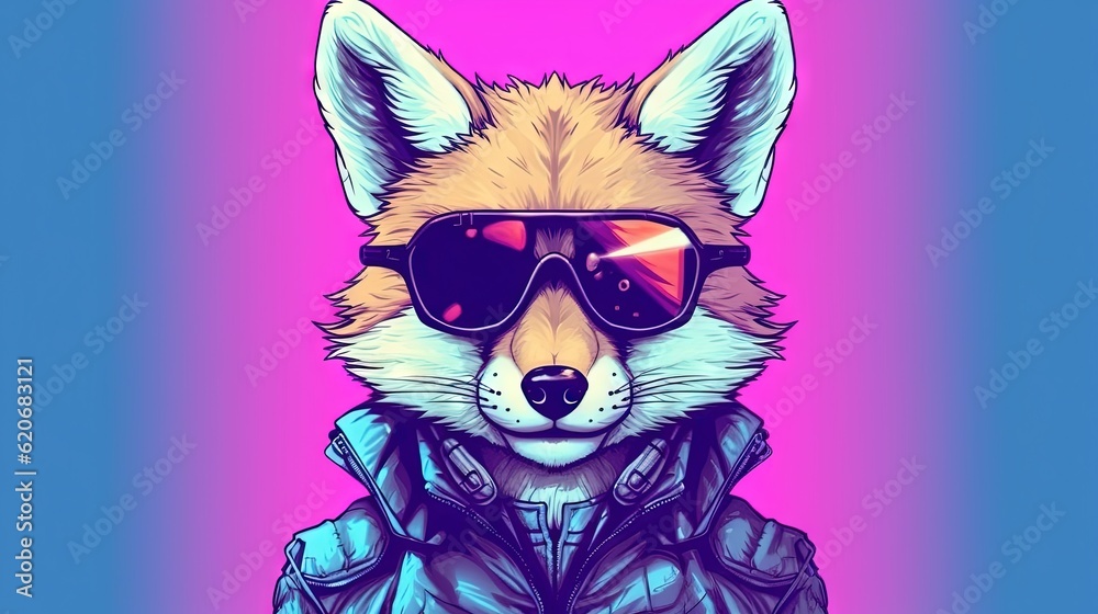  a drawing of a fox wearing sunglasses and a jacket with a hoodie on it's head and wearing a jacket with a hoodie on.  generative ai