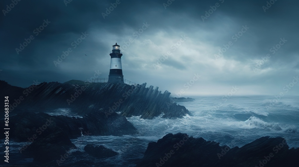  a lighthouse on top of a rocky cliff in the middle of a body of water with waves crashing against the rocks and a dark cloudy sky.  generative ai