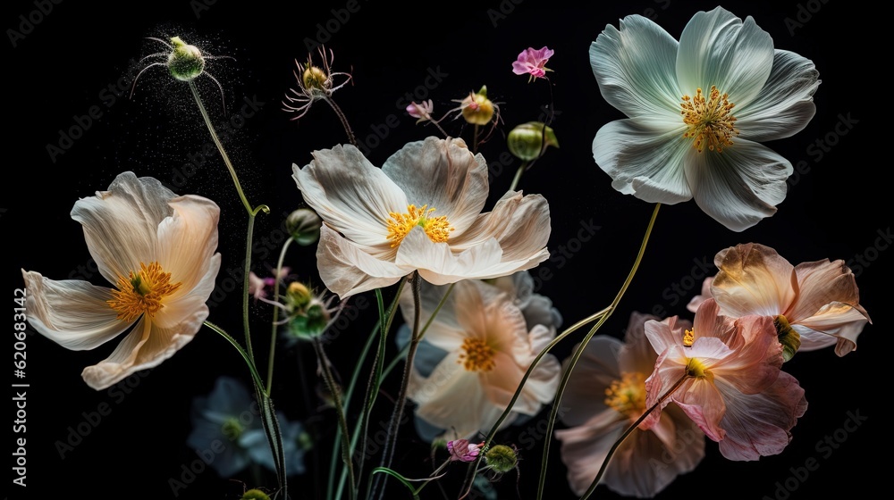  a bunch of flowers that are on a black background with a spider in the middle of the picture and a spider in the middle of the flowers.  generative ai