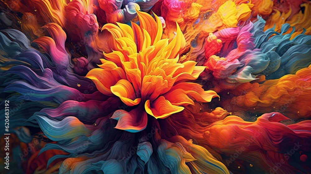  a painting of a large flower with many colors of paint on it's petals and petals in the middle of the petals, and the petals are yellow, orange, red, and blue.  generative ai