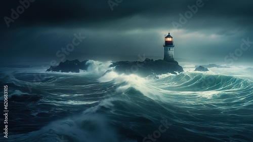  a lighthouse in the middle of a large body of water with waves in front of it and a dark cloudy sky above the lighthouse is a light. generative ai