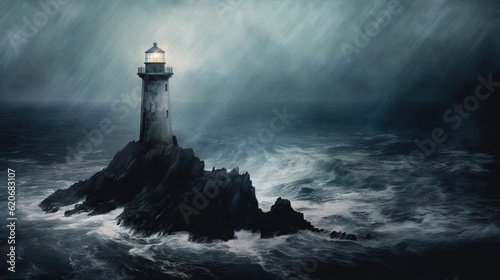  a lighthouse in the middle of a stormy sea with a light on top of it in the middle of the night, with a dark sky. generative ai