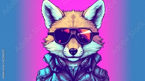  a drawing of a fox wearing sunglasses and a jacket with a hoodie on it s head and wearing a jacket with a hoodie on.  generative ai