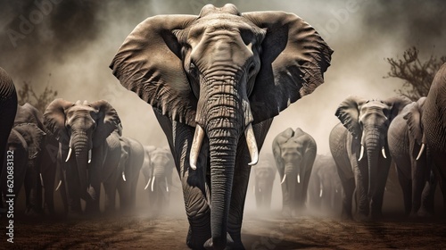  a herd of elephants walking down a dirt road in front of a dark sky with clouds in the background and a single elephant in the foreground. generative ai