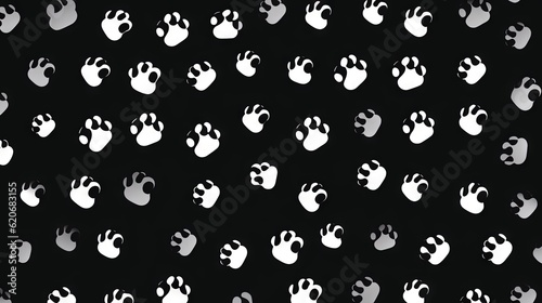  a black and white photo of a pattern of paw prints on a black background with a white outline of a cat's paw on it. generative ai