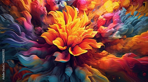  a painting of a large flower with many colors of paint on it's petals and petals in the middle of the petals, and the petals are yellow, orange, red, and blue. generative ai