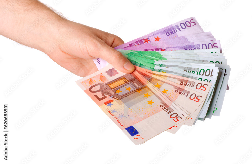 Man hand with euro isolated on white background