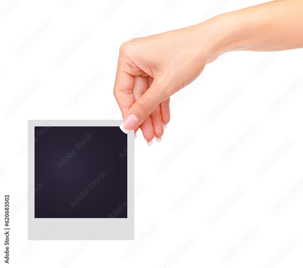 one instant photo in hand isolated on white background one instant photo in hand isolated on white background