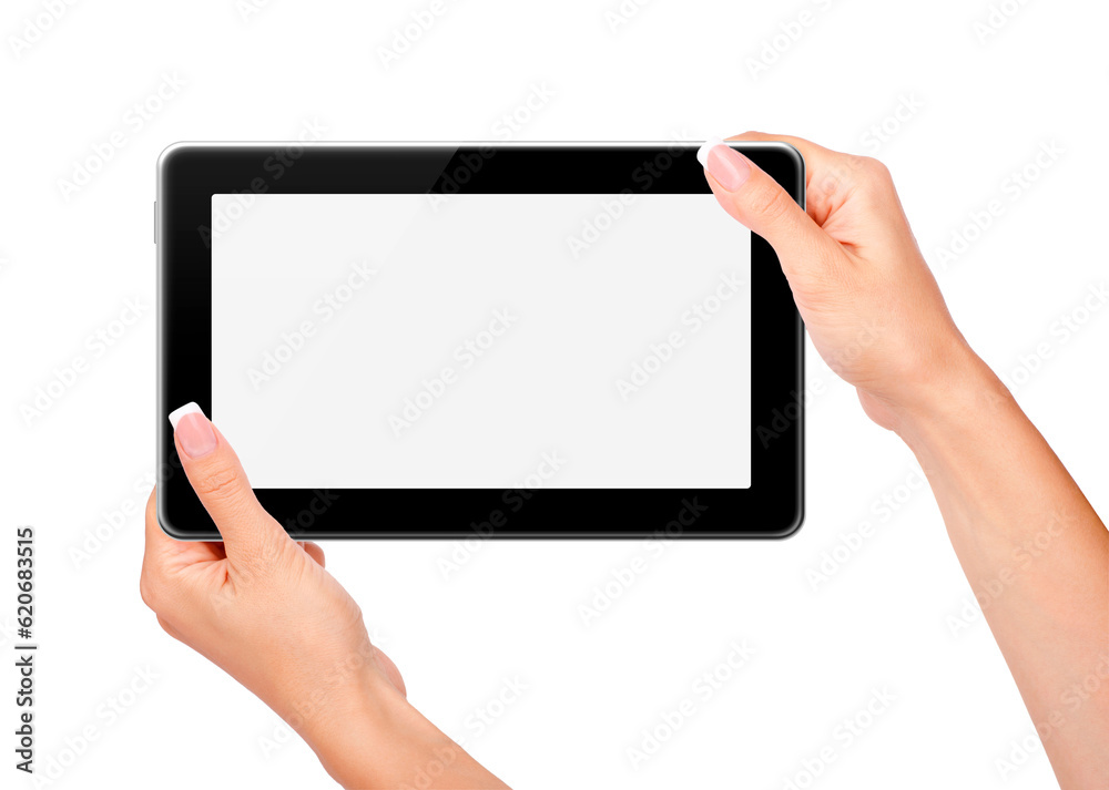  Female hands holding and touching on tablet pc isolated on white background.