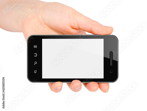 Hand holding mobile smart phone with blank screen. Isolated on white background.