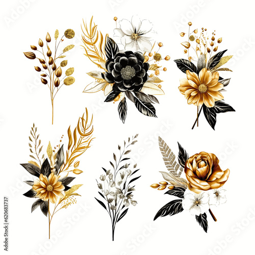 Watercolor set of flower arrangement with black gold flowers