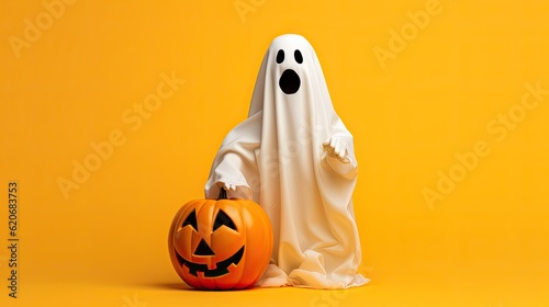 Halloween ghost with pumpkin on orange background. 3d illustration. © Meow Creations