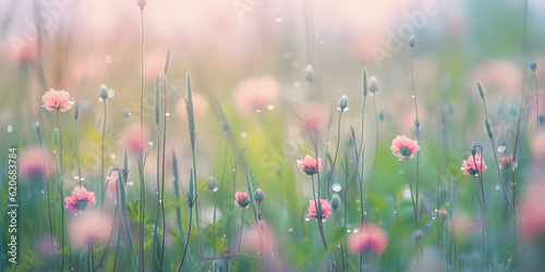 spring blossom flowers in a dreamy field, copy space background for presentation and wallpaper, soft focus dream atmosphere