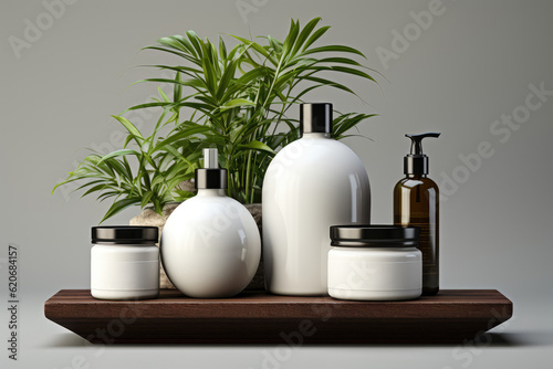 An isolated set of blank white skincare products, devoid of labels or logos, surrounded by natural elements. Reflecting a marketing concept focused on purity and simplicity. Generative Ai.