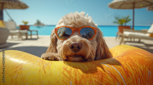 Labradoodle in an inflatable pool ring, wearing glasses