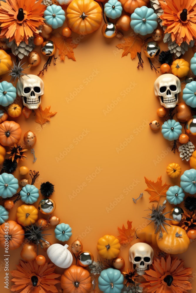 Fototapeta premium Halloween background with pumpkins and autumn leaves. 3d illustration