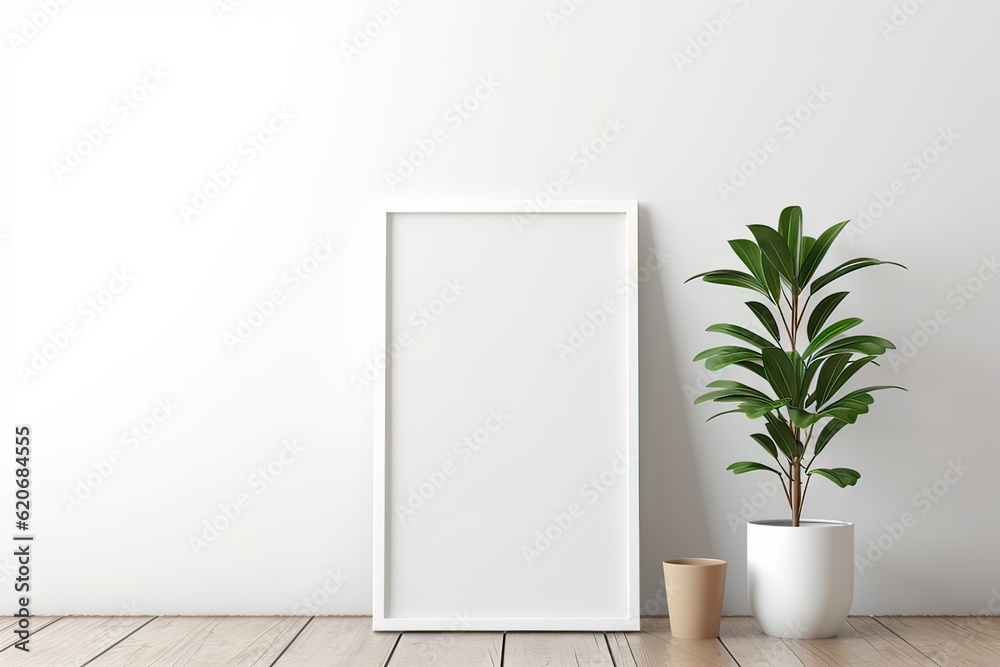 Blank wooden picture frame mockup in modern interior. Vertical template mock up for artwork, painting, photo or poster in interior design, generative AI Blank wooden picture frame mockup in modern interior. Vertical template mock up for artwork, painting, photo or poster in interior design, generative AI