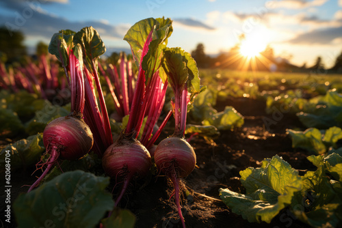 Background showcasing a field of beet plantations  representing the growth and harvest of this healthy and natural food.  Generative Ai.