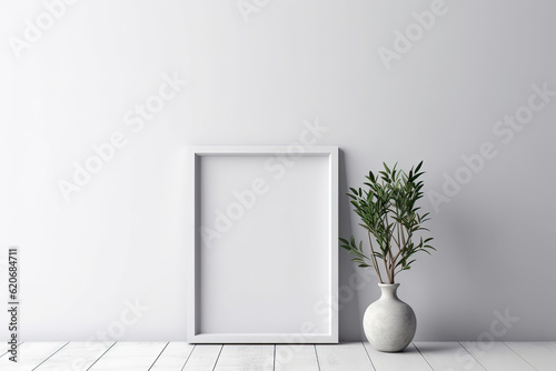 Blank wooden picture frame mockup in modern interior. Vertical template mock up for artwork, painting, photo or poster in interior design, generative AI