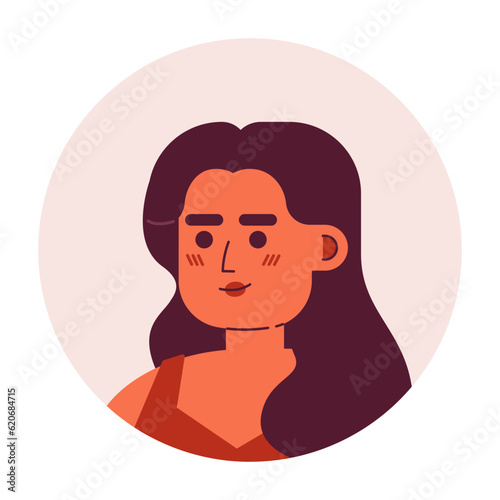 Hispanic woman with shrewd look semi flat vector character head. Trendy curly hairstyle. Editable cartoon avatar icon. Face emotion. Colorful spot illustration for web graphic design, animation
