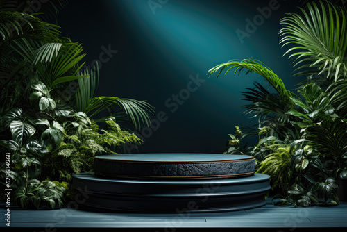 A dark  atmospheric podium stage set against a dark blue background  casting shadows of leaves on the wall. Perfect for showcasing products or cosmetics. Generative Ai.