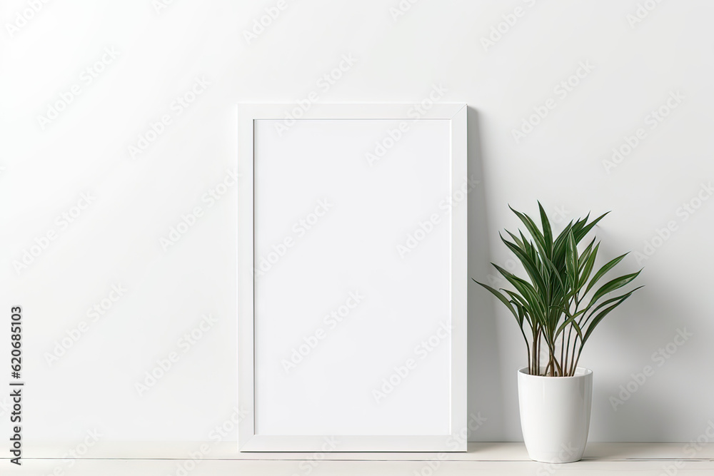 Blank wooden picture frame mockup in modern interior. Vertical template mock up for artwork, painting, photo or poster in interior design, generative AI Blank wooden picture frame mockup in modern interior. Vertical template mock up for artwork, painting, photo or poster in interior design, generative AI