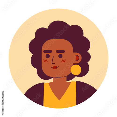 Gorgeous woman semi flat vector character head. Curly hairstyle and golden earrings. Editable cartoon avatar icon. Face emotion. Colorful spot illustration for web graphic design, animation