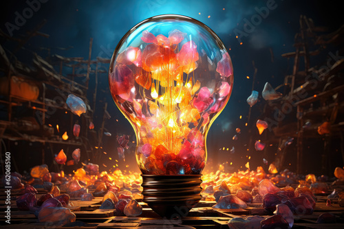 Depicting a creative explosion of colored light bulbs with shards and paint, symbolizing a burst of creative ideas. Generative Ai.