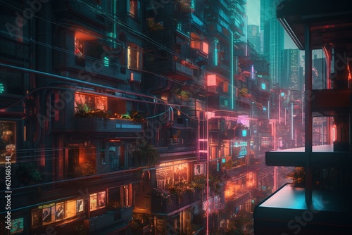 Bright neon structures in futuristic metropolis. Generative AI © Landon