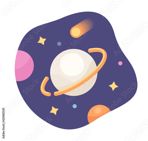 Galaxy with planet and stars semi flat colour vector sticker. Planets and satellites, falling comet. Editable cartoon clip art icon on white background. Simple spot illustration for web graphic design