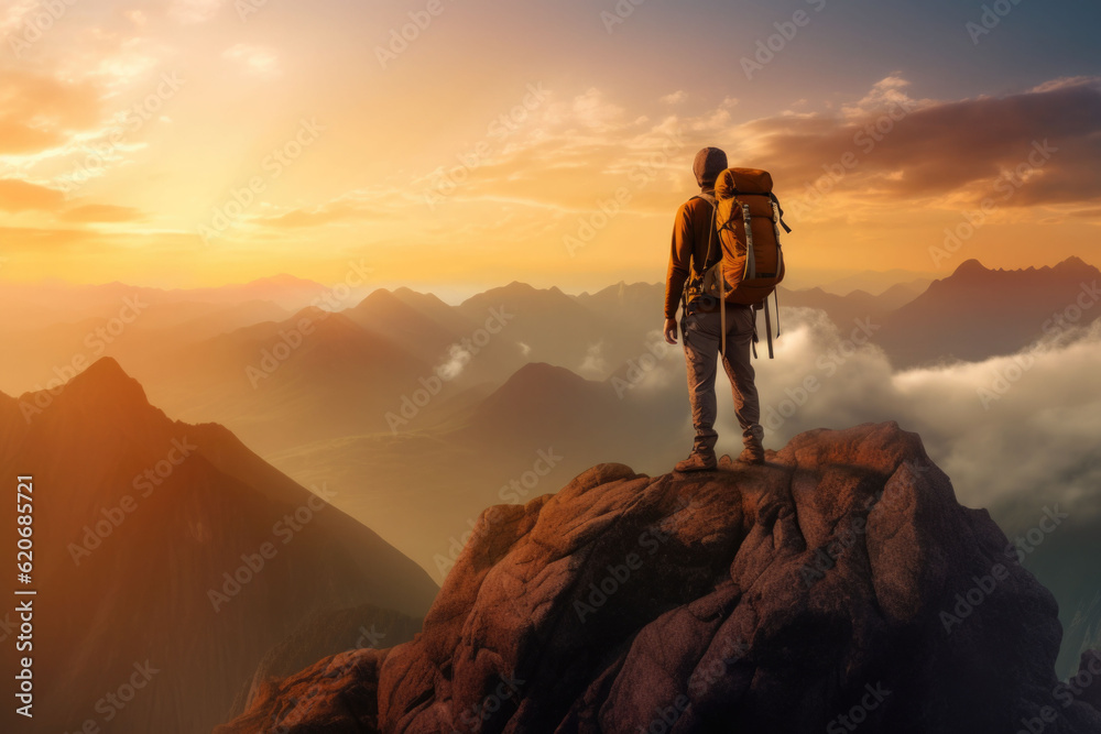 Tourist with backpack on the peak looks on the sunset. Sport and active life concept. Generative AI