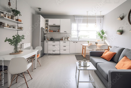 An interior in scandinavian style. Small living room and kitchen. Generative AI